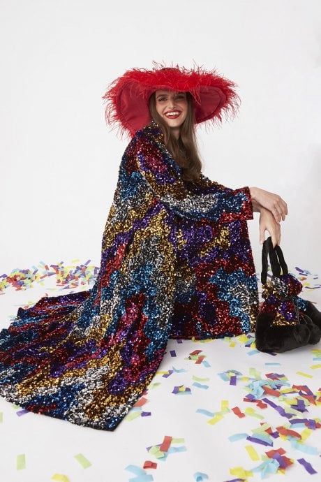 JAYLEY Black Sequin Velvet Trench Coat With Blue Faux Fur Collar