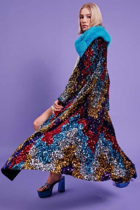 JAYLEY Black Sequin Velvet Trench Coat With Blue Faux Fur Collar