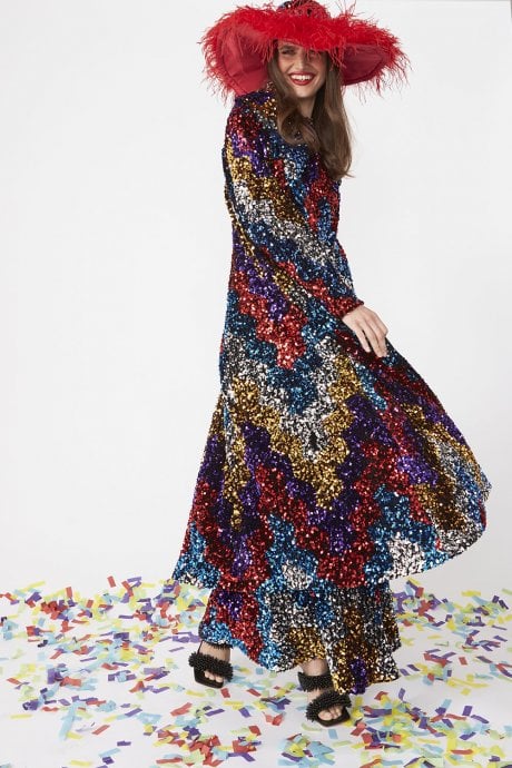 JAYLEY Black Sequin Velvet Trench Coat with Blue Faux Fur Collar