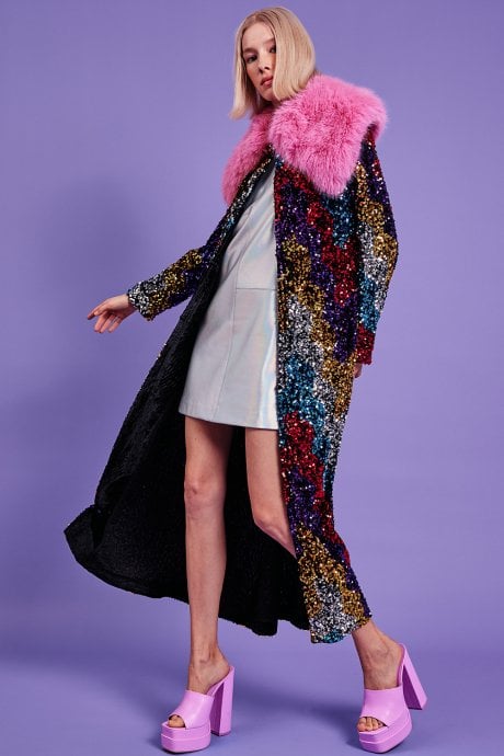 JAYLEY Black Sequin Velvet Trench Coat With Pink Faux Fur Collar