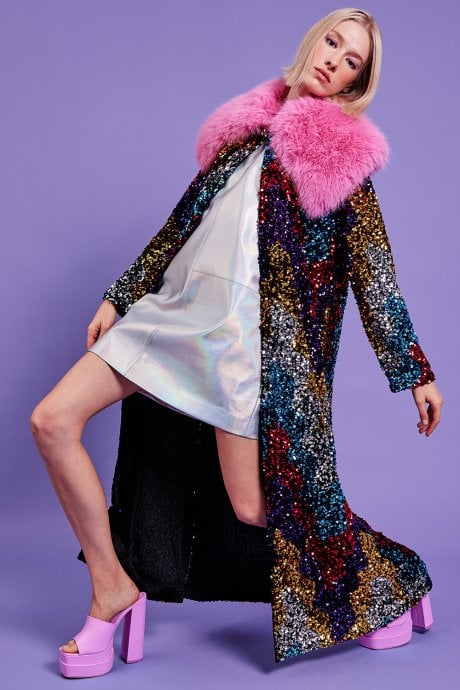 JAYLEY Black Sequin Velvet Trench Coat With Pink Faux Fur Collar