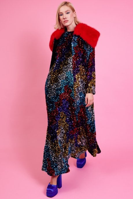 JAYLEY Black Sequin Velvet Trench Coat with Red Faux Fur Collar