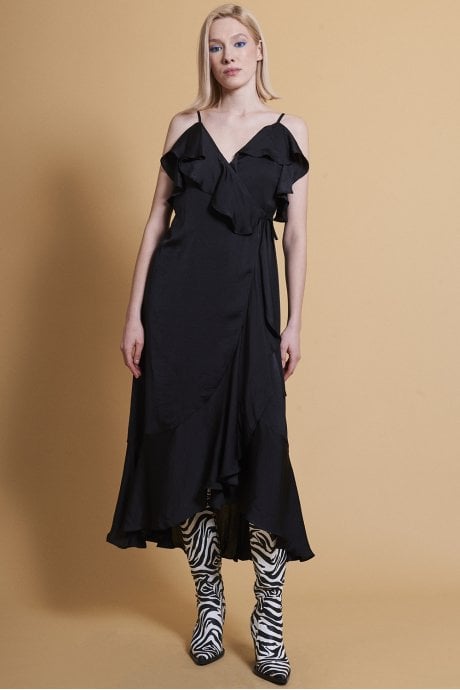 JAYLEY Black Silk Blend Maxi Ruffle Dress