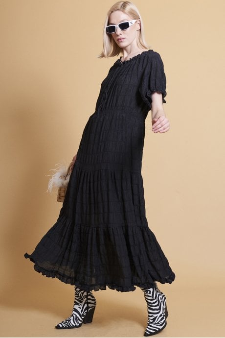 JAYLEY Black Silk Blend Maxi Ruffle Dress