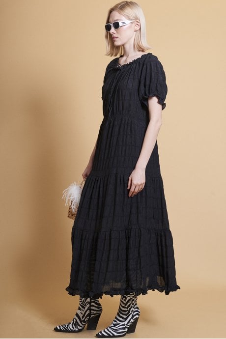 JAYLEY Black Silk Blend Maxi Ruffle Dress