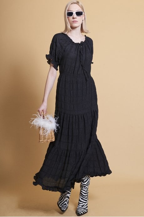 JAYLEY Black Silk Blend Maxi Ruffle Dress