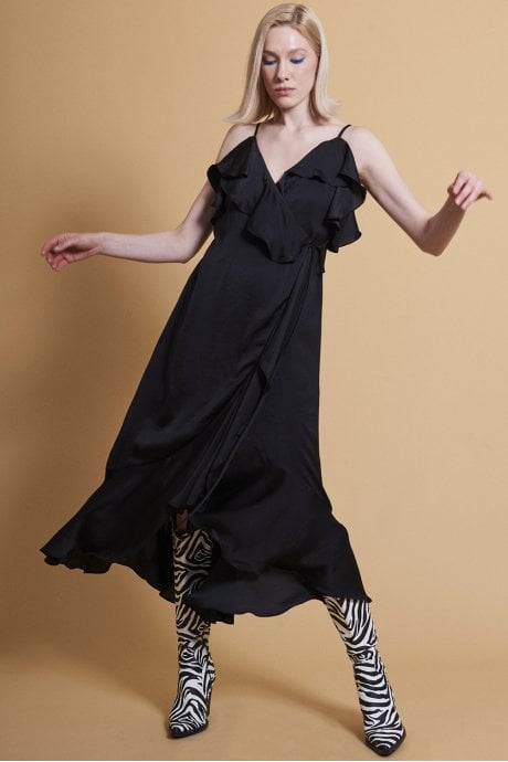 JAYLEY Black Silk Blend Maxi Ruffle Dress