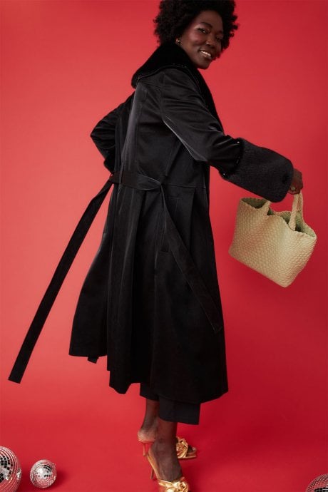 JAYLEY Black Trench Style Belted Coat With Faux Fur Cuffs And Collar