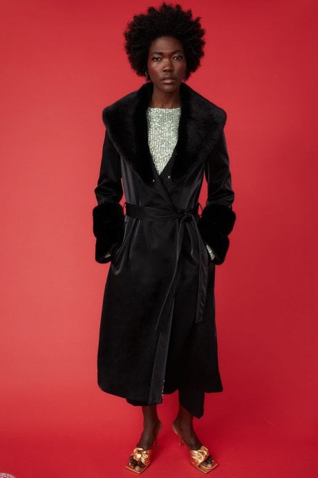 JAYLEY Black Trench Style Belted Coat With Faux Fur Cuffs And Collar