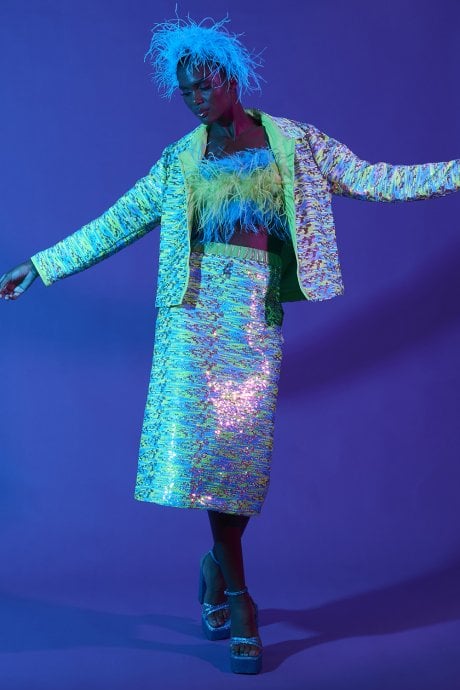 JAYLEY Blue And Green Sequin Blazer With Eco Leather Lapels