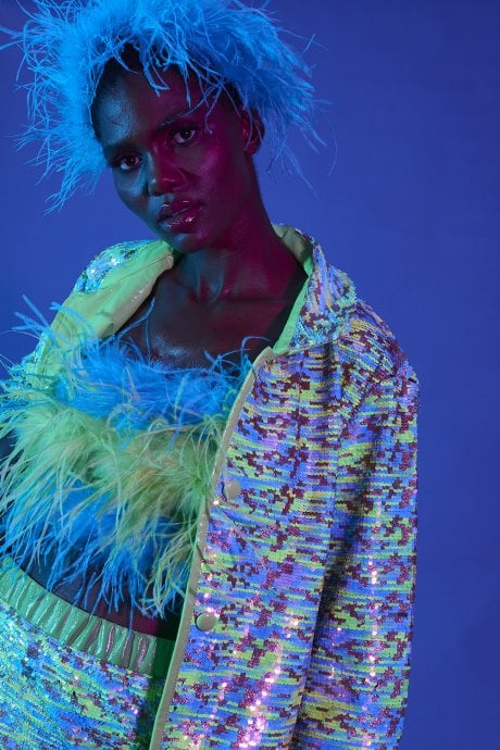 JAYLEY Blue and Green Sequin Blazer with Eco Leather Lapels