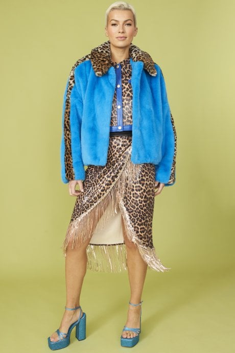 JAYLEY Blue And Leopard Print Faux Fur Coat