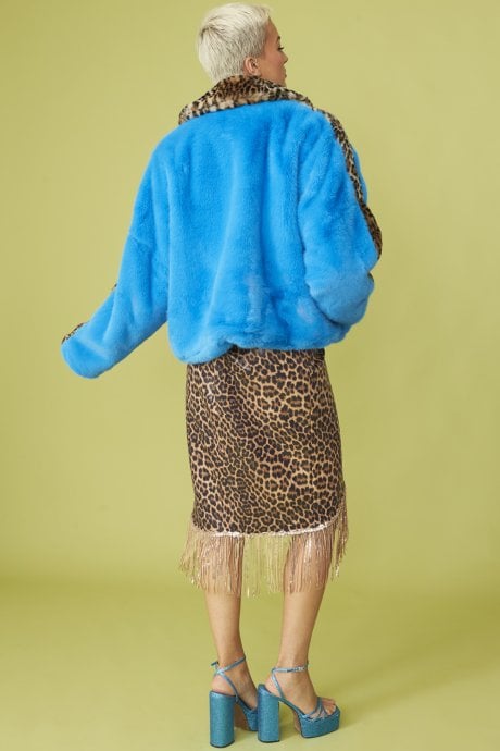 JAYLEY Blue And Leopard Print Faux Fur Coat
