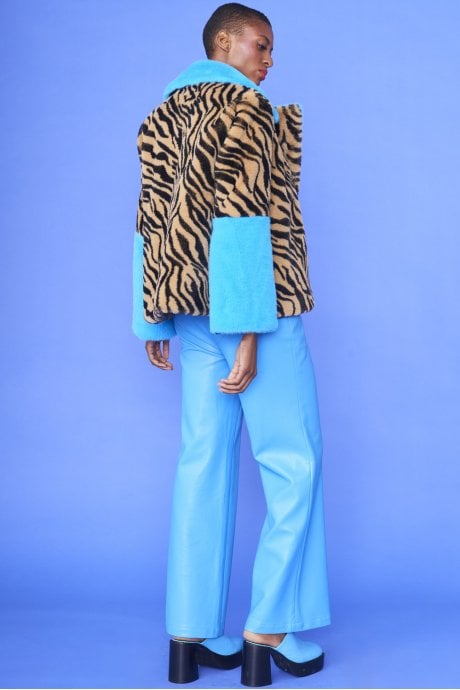 JAYLEY Blue And Leopard Print Faux Fur Coat