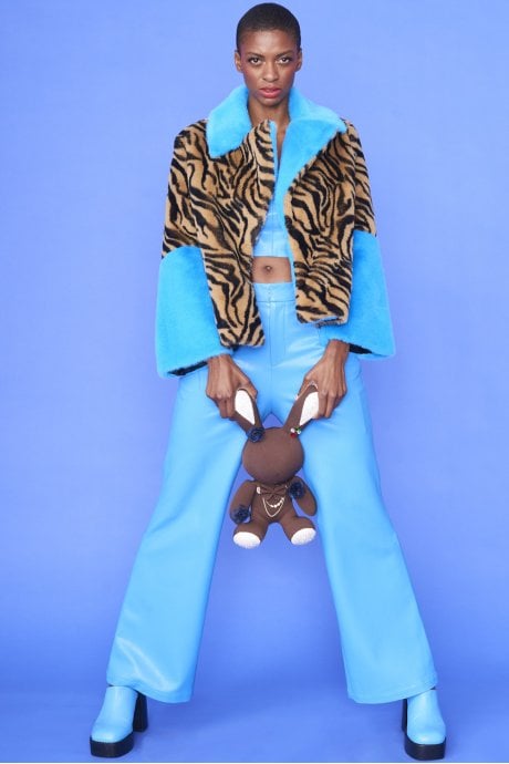 JAYLEY Blue And Leopard Print Faux Fur Coat