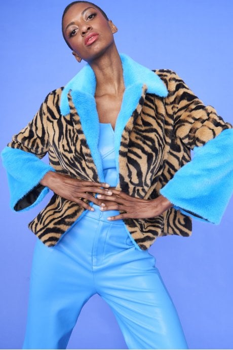 JAYLEY Blue and Leopard Print Faux Fur Coat