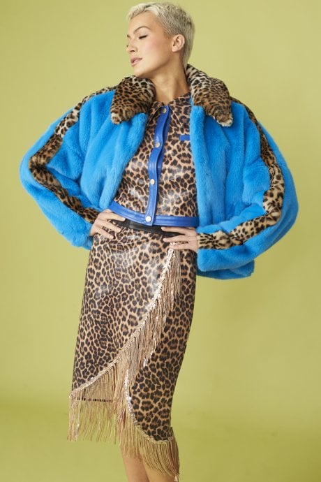 JAYLEY Blue and Leopard Print Faux Fur Coat
