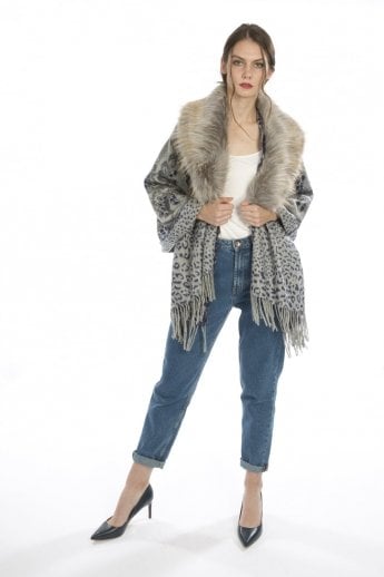 JAYLEY Blue Animal Print Cashmere Wrap with Faux Fur Collar