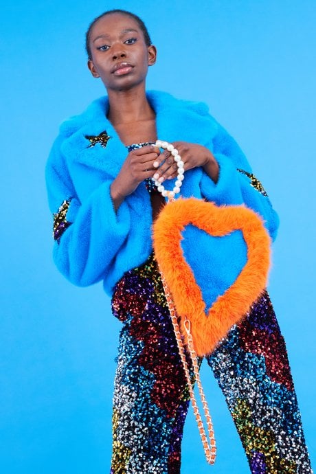 JAYLEY Blue Bamboo Faux Fur Sequins Star Jacket