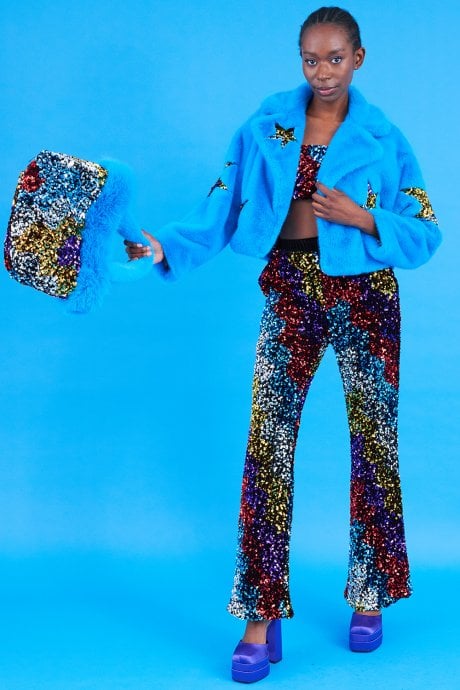 JAYLEY Blue Bamboo Faux Fur Sequins Star Jacket