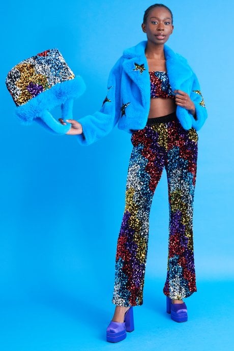 JAYLEY Blue Bamboo Faux Fur Sequins Star Jacket