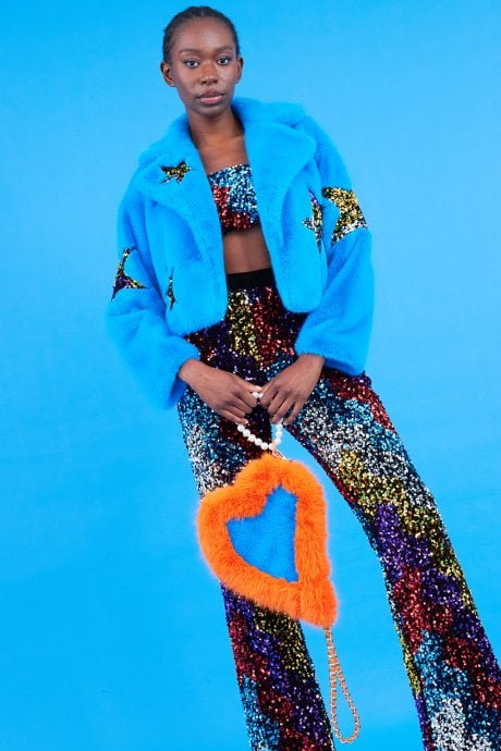 JAYLEY Blue Bamboo Faux Fur Sequins Star Jacket