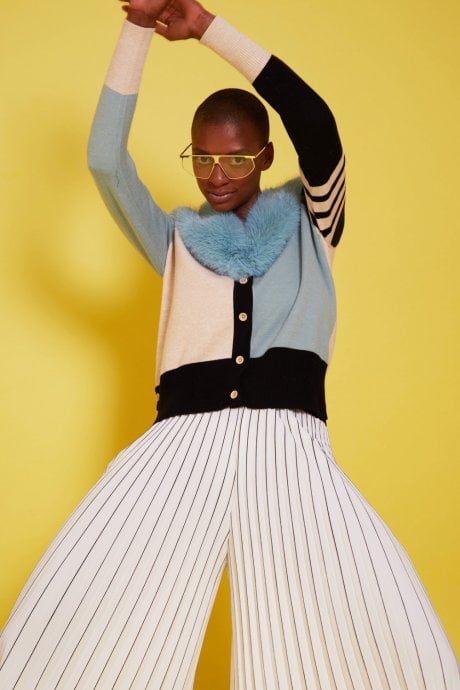 JAYLEY Blue Banana Peel Cardigan with Faux Fur Collar