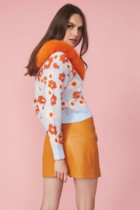 JAYLEY Blue Banana Peel Floral Cardigan With Faux Fur Collar