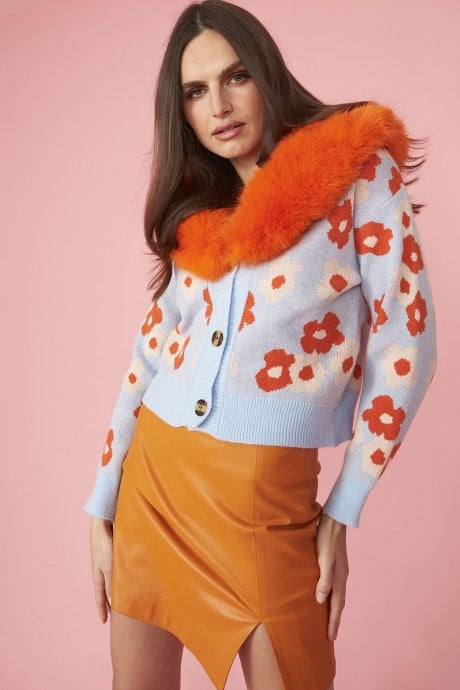 JAYLEY Blue Banana Peel Floral Cardigan With Faux Fur Collar