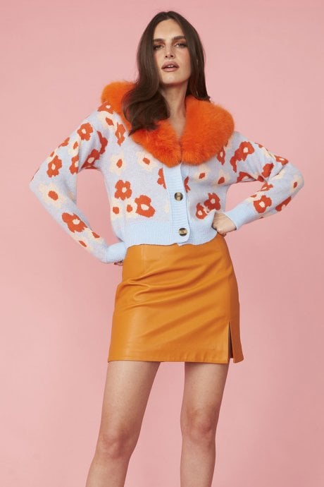 JAYLEY Blue Banana Peel Floral Cardigan with Faux Fur Collar