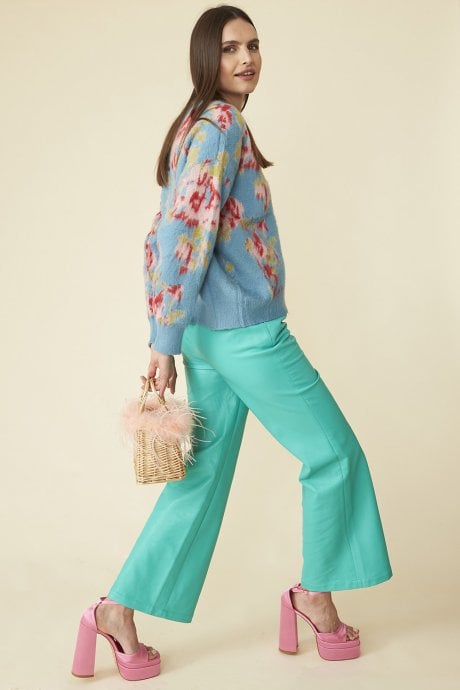 JAYLEY Blue Banana Peel Floral Cardigan With Pink Faux Fur Collar