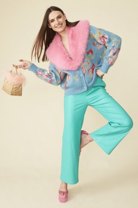 JAYLEY Blue Banana Peel Floral Cardigan with Pink Faux Fur Collar