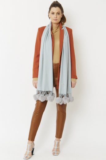 JAYLEY Blue Cashmere Blend Wrap With Faux Fur Heart Poms