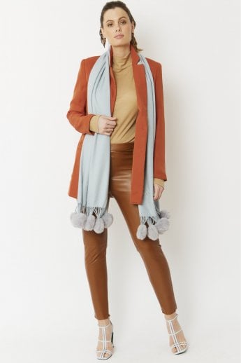 JAYLEY Blue Cashmere Blend Wrap With Faux Fur Heart Poms