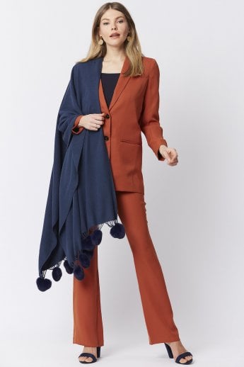 JAYLEY Blue Cashmere Blend Wrap With Faux Fur Heart Poms