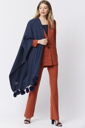 JAYLEY Blue Cashmere Blend Wrap With Faux Fur Heart Poms