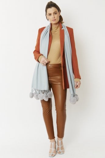 JAYLEY Blue Cashmere Blend Wrap with Faux Fur Heart Poms