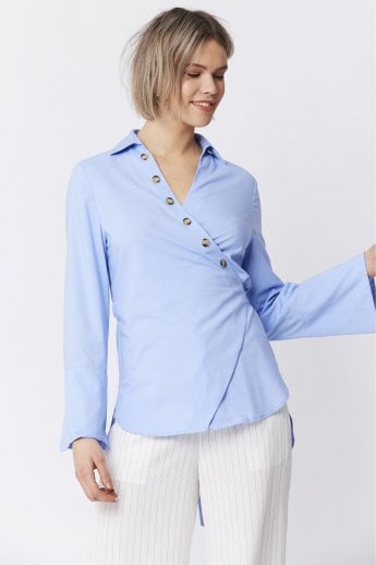 JAYLEY Blue Cotton Blend Wrap Top