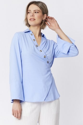 JAYLEY Blue Cotton Blend Wrap Top