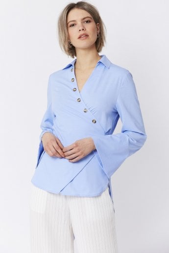 JAYLEY Blue Cotton Blend Wrap Top
