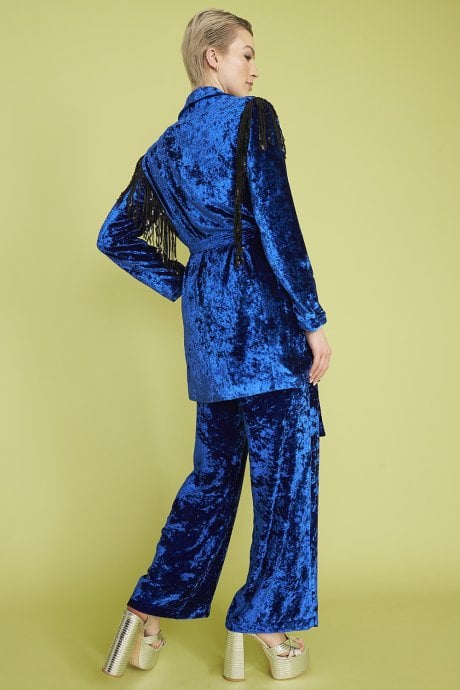 JAYLEY Blue Crushed Velvet Blazer Dress With Sequin Tassels