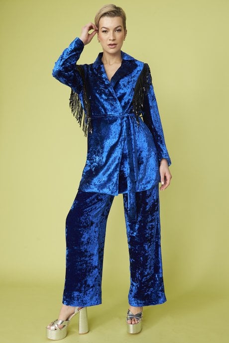 JAYLEY Blue Crushed Velvet Blazer Dress With Sequin Tassels