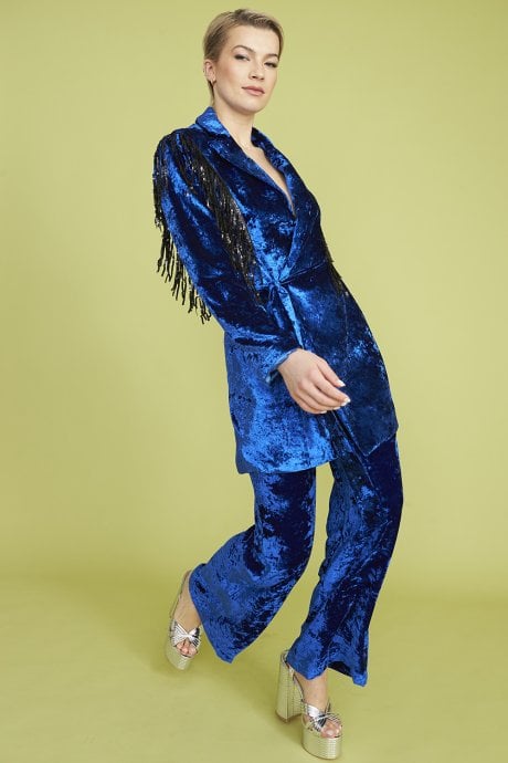 JAYLEY Blue Crushed Velvet Blazer Dress With Sequin Tassels