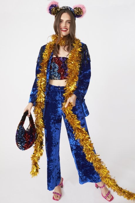 JAYLEY Blue Crushed Velvet Blazer Jacket