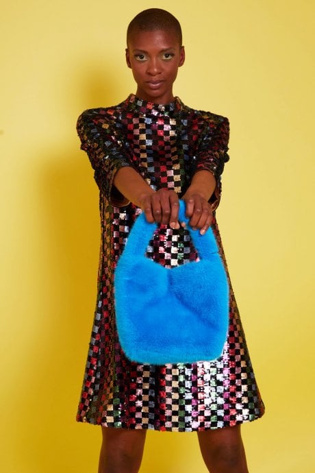 JAYLEY Blue Eco Bamboo Faux Fur Tote Bag