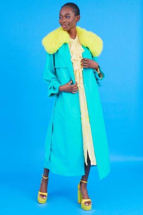 JAYLEY Blue Eco Leather Faux Fur Collar Trench Coat