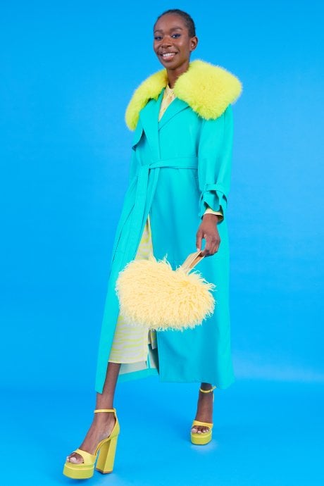 JAYLEY Blue Eco Leather Faux Fur Collar Trench Coat