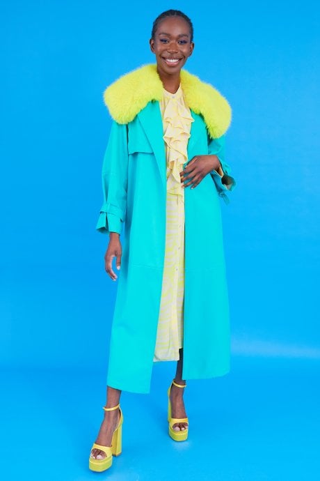 JAYLEY Blue Eco Leather Faux Fur Collar Trench Coat