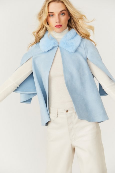 JAYLEY Blue Faux Fur And Faux Suede Cape Jacket