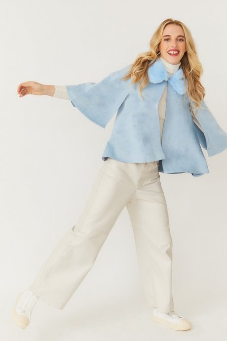 JAYLEY Blue Faux Fur And Faux Suede Cape Jacket